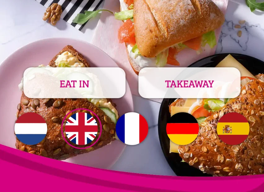 Jamezz multilingual kiosk with language selection - Ordering screen with Dutch, English, French, German, Spanish and more languages