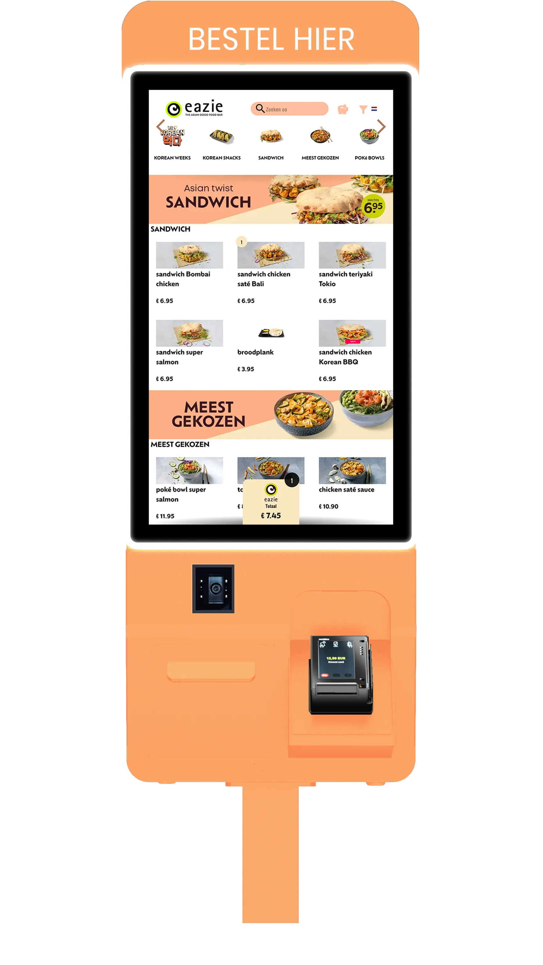 Jamezz kiosk in orange - Self-service terminal for restaurants with contactless ordering