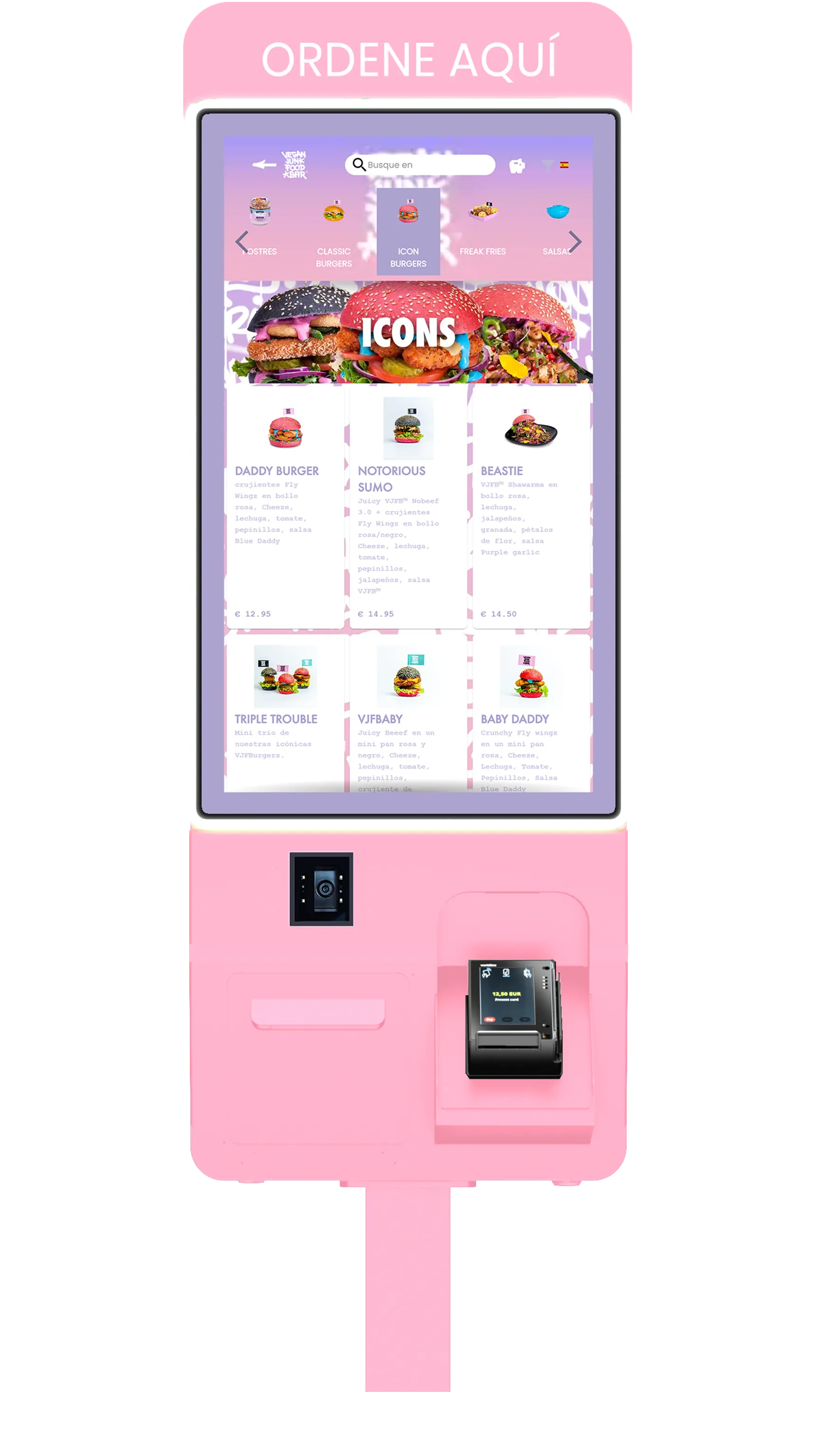 Jamezz kiosk in pink - Modern ordering kiosk for hospitality with QR scan and menu display