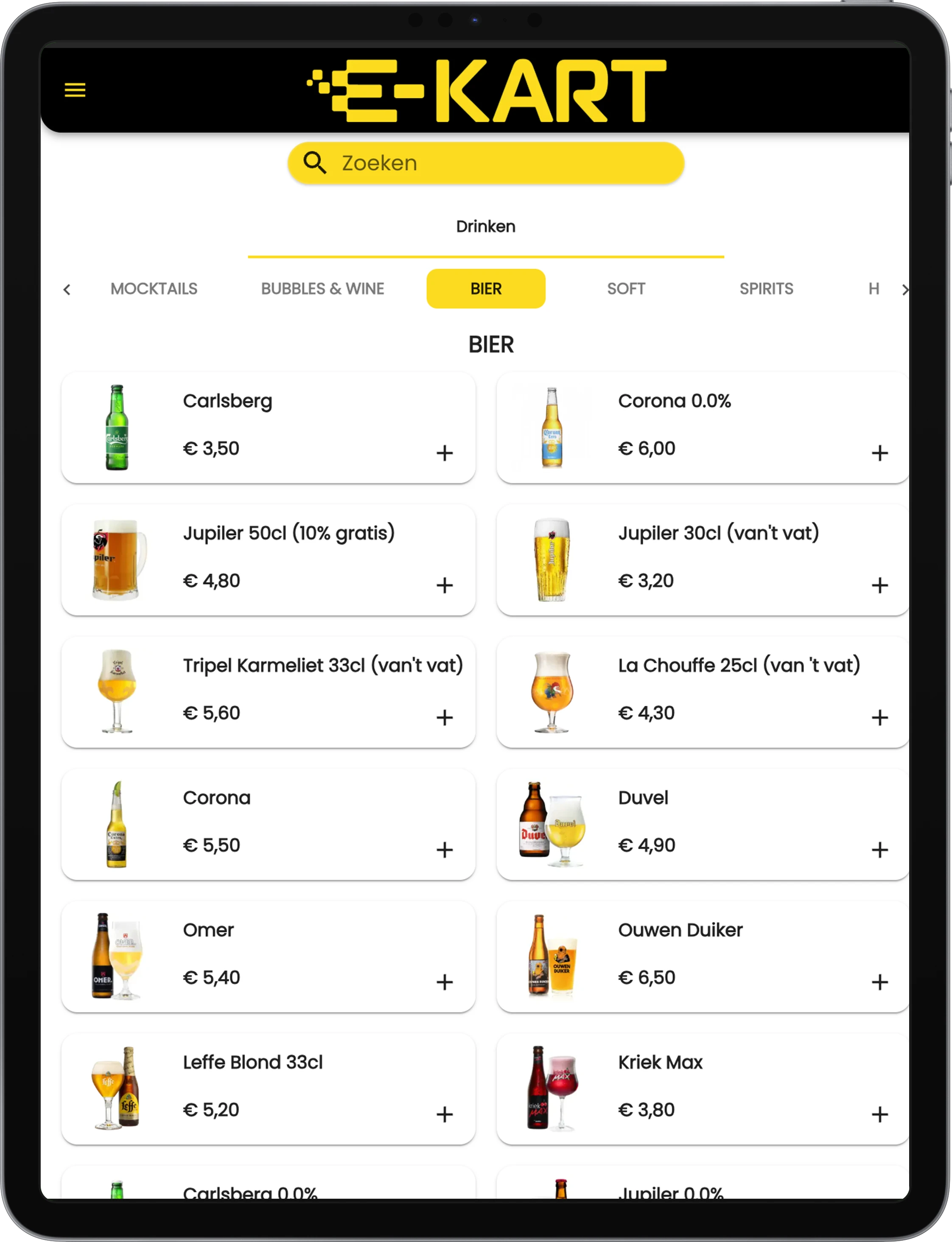 Jamezz tablet ordering at E-Kart - Menu overview on tablet for karting track hospitality